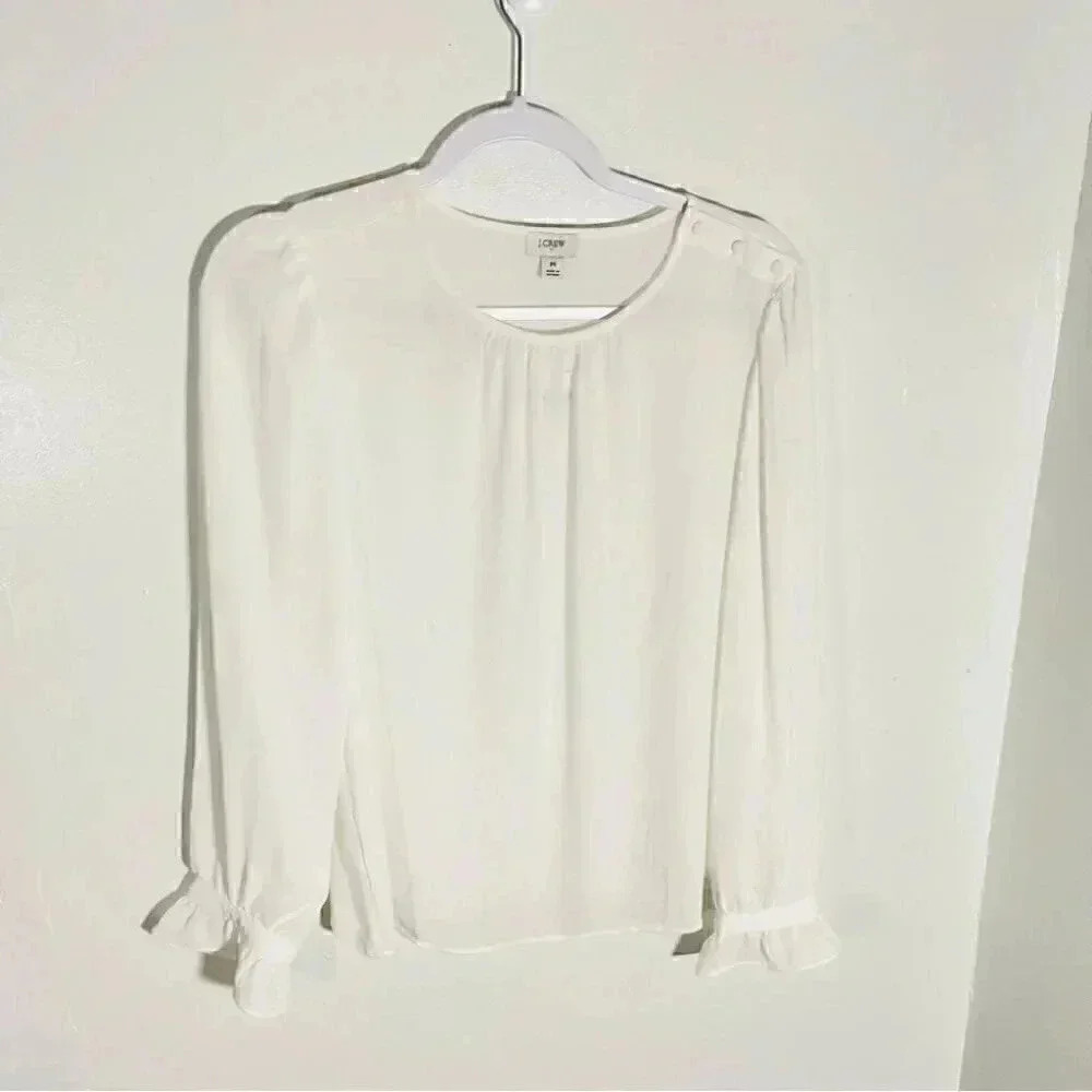 NWT J.Crew Factory Ivory Ruffle Button-Neck Blouse - Picture 4 of 10